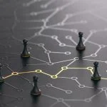 3D illustration of a conceptual maze. Shortcut between points A and B or finding the shortest path concept.