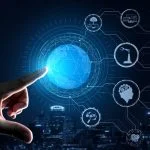 Engineering with graphic interface showing automation design, robot operation, usage of machine deep learning for future manufacturing and SMBs