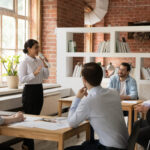 Female employee sharing stories to her colleague