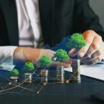 Eco business and nature investment. Green business growth. Businessman holding coin with tree growing on money coin stack. Finance sustainable development.