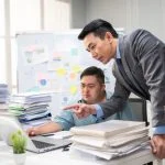 Employee man with autism or AuDHD at Work brainstorm plan and discuss project with manager leader. Corporate of modern colleague