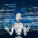 Robot programmer that uses artificial intelligence in data processing programming and coding digital technology with a large database Software development