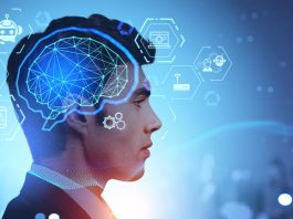 Human with artificial intelligence brain icon