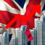 The United Kingdom real estate market is crashing and going down, red background with flag and glowing houses