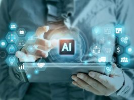 Business executive uses artificial intelligence to manage marketing and scaling with artificial intelligence. Business development system with ai.