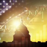 Silhouette of White House with united state of America flag and stock market chart for USA election president related with economy and investment