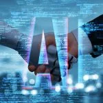 Robotic and human handshake symbolizing AI collaboration, AI-ready, futuristic digital background,