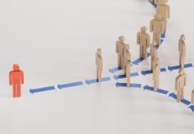 Following the leader.Marketing and communication, Reach vs. Credibility in B2B marketing concept.