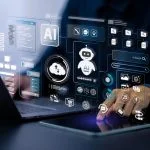 AI agent and generative artificial intelligence concept. Businessman using AI agents on screen, including chatbots, AI assistants, and data analytics tools on a laptop. LLM, Ai agentic workflows.