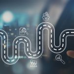 Creative idea generation for new product development concept. Creative thinking and innovation. Roadmap with stages of innovation icons, generating creative idea process for product developmement. Europe’s Software industry