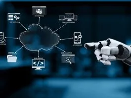 Futuristic Robotic Interface with Cloud Computing Icons for Technology and Innovation Themes in Modern Business Environment Synapse
