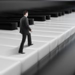 Side view of young businessman walking on abstract piano keys. Music, show business concept.