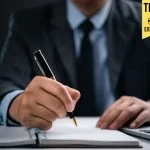 Businessman writing an elevator pitch