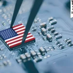 Flag of USA AI chip on a processor, CPU Central processing Unit or GPU microchip on a motherboard.