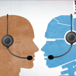 AI Chatbot And Human Customer service as a traditional and Robot or Robotic Automation Replacing Humans as employees being replaced by Artificial intelligence.